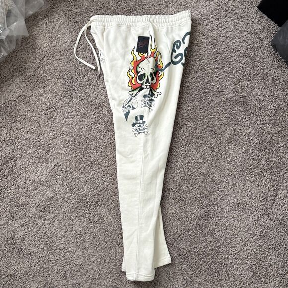 Ed Hardy Men's Size Large Ivory White Fleece Sweats Flaming Skull Hat NWT - Picture 7 of 8